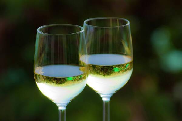 two wine glasses with white wine in them