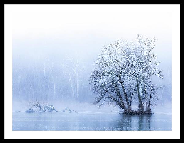 Blue Winter Fog on the River - Framed Print