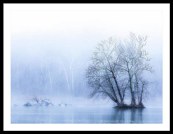 Blue Winter Fog on the River - Framed Print