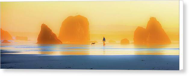 Man and Dog at Sunrise on Bandon Beach - Canvas Print