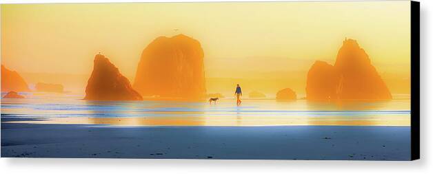 Man and Dog at Sunrise on Bandon Beach - Canvas Print