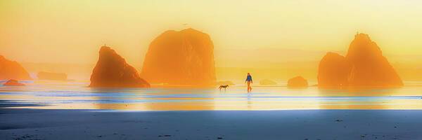 Man and Dog at Sunrise on Bandon Beach - Art Print