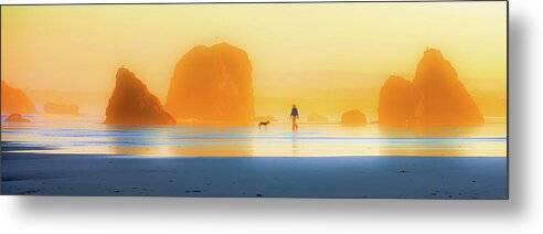 Man and Dog at Sunrise on Bandon Beach - Metal Print