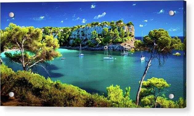 a painting of boats on a lake surrounded by trees