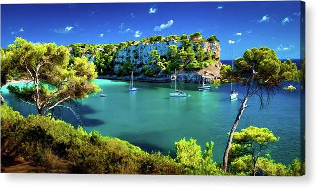 a painting of boats on a lake surrounded by trees