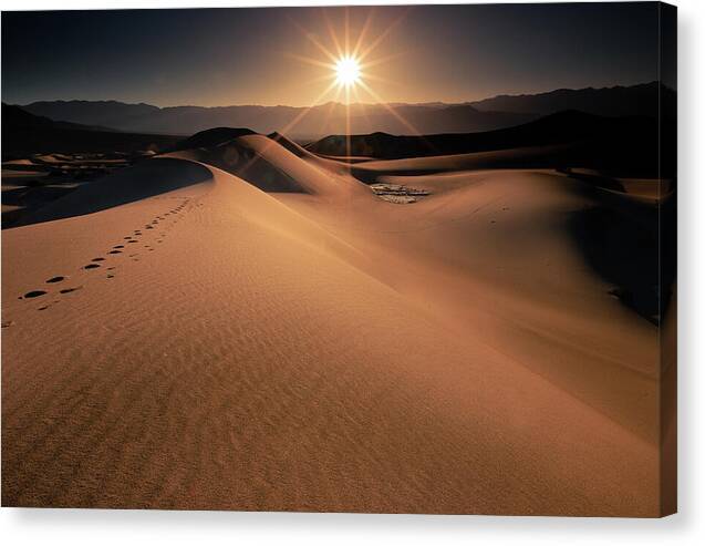 the sun is shining over a sand dune